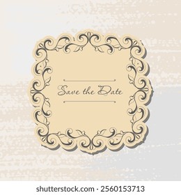 Save the date vintage label art-deco frame .damask vintage baroque scroll ornament swirl. Victorian monogram heraldic shield swirl.