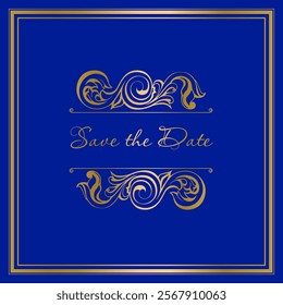 Save the date vintage label art-deco frame .damask vintage baroque scroll ornament swirl. Victorian monogram heraldic shield swirl.