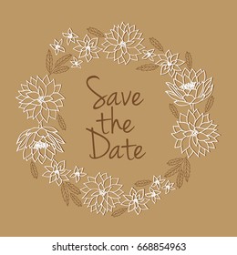 Save the date. Vintage wedding card with hand drawn flowers. Printing on the kraft paper.  Vector illustration.