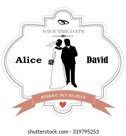 Save the date. Vintage wedding invitation with bride and groom 