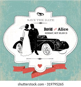 Save the date. Vintage wedding invitation with bride and groom 