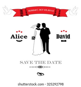 Save the date. Vintage wedding invitation with bride and groom 