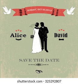 Save the date. Vintage wedding invitation with bride and groom 