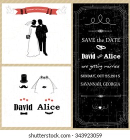Save the date. Vintage wedding invitation with bride and groom 