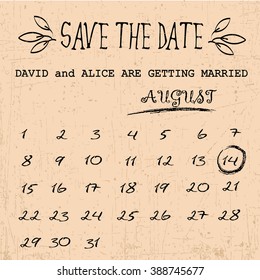 Save the date. Vintage wedding invitation with Vector calendar 2016 August