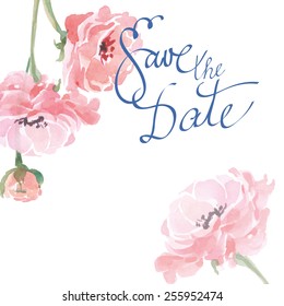 Save The Date with watercolor blooming Ranunculus. Wedding Invitation Card (Use for Boarding Pass, invitations, thank you card.) Vector illustration.