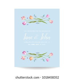 Save the Date Watercolor Card with Blossom Tulips Flowers. Wedding Invitation, Anniversary Party, RSVP Floral Template. Vector illustration