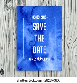 Save the date watercolor card in blue colors on wooden background. Wedding invitation. Vector illustrations EPS10.