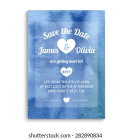 Save the date watercolor card in blue colors. Wedding invitation. Vector illustrations EPS10.