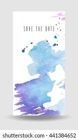 Save the date watercolor card's cover design. Hand drawn watercolor background. Stock vector.