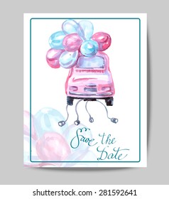 Save The Date with watercolor retro car. Wedding Invitation Card (Use for Boarding Pass, invitations, thank you card.) Vector illustration.