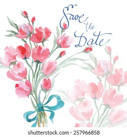 Save The Date with watercolor wild flowers. , Wedding Invitation Card (Use for Boarding Pass, invitations, thank you card.) Vector illustration.