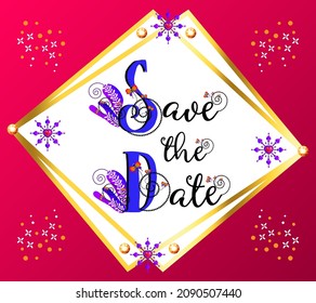 Save the date wedding banner. Marriage invitation gradient poster. Wedding celebration label. Floral butterflies and gemstone pattern illustration. Word art sign board. Marriage event lettering vector