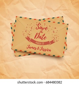 Save the date wedding beautiful decorative card with vintage envelopes, vector illustration