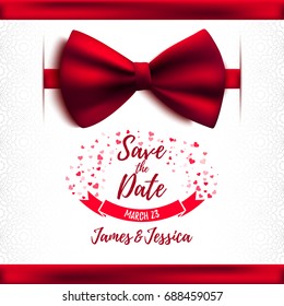 Save the date wedding beautiful decorative card with bow, vector illustration