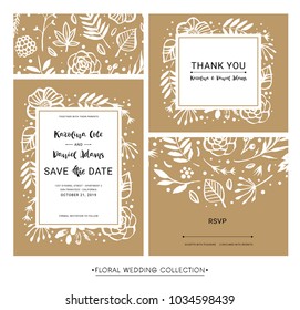 Save the Date. Wedding calligraphy floral cards with catchwords. Modern lettering. Hand drawn design elements. Vector illustration.