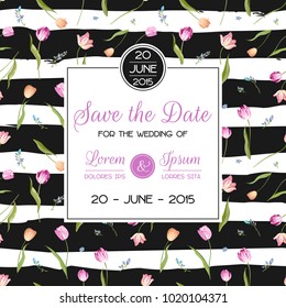 Guarda la tarjeta de matrimonio de fecha con flores de tulipanes de flores. Invitación de cumpleaños, fiesta de aniversario, plantilla floral RSVP. Ilustración del vector