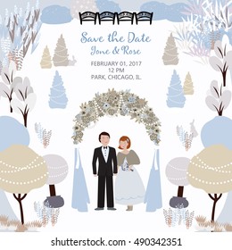 Save the date. Wedding card with a couple in the winter garden and arch. Vector background with a place for your text. Template easily editable.