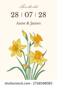 Save the date wedding card with daffodil (narcissus) flowers. Elegant botanical hand drawn illustration with yellow blooms and minimalist layout for romantic ceremony announcement.