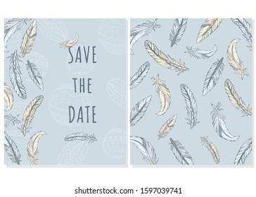 Save the date. Wedding card and feather background
