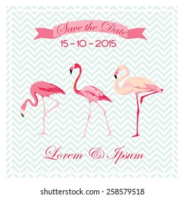 Save the Date - Wedding Card with Flamingo Birds - in vector