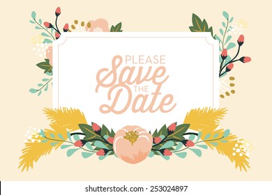 Save the date wedding card with flowers and leafs. Illustration and vector design.