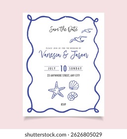 Save the Date Wedding card. Hand draw summer invitation. Crayon drawing style, Italian la dolce vita