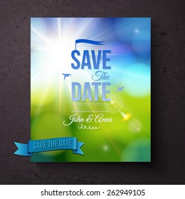 Save The Date wedding card or invitation template for a Spring wedding with a sparkling sunburst over a green meadow and blue sky with flying doves and blue text, vector illustration