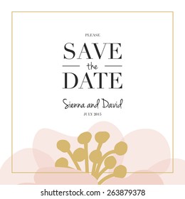 Save the Date wedding card. One big flower cropped on the bottom decorated with a golden frame. Vector and illustration design.