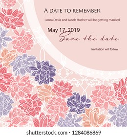 Save the date wedding card template with modern elegant floral pattern on a subtle vintage gaden fence background. Vector format