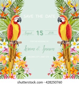 Guardar la tarjeta de matrimonio de fecha. Flores tropicales y pájaro loro. Vector. Fondo Floral.