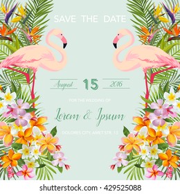 Save the Date Wedding Card. Tropical Flowers and Flamingo Bird. Vector Floral Background.