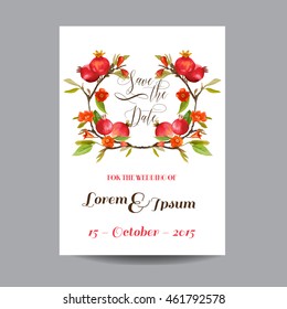 Guardar la fecha. Tarjeta de boda.  Flores y granadas tropicales. Fondo floral vectorial.