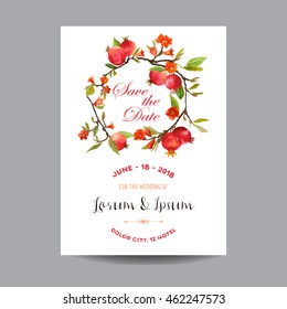 Save the Date. Wedding Card.  Tropical Flowers and Pomegranates. Vector Floral Background.