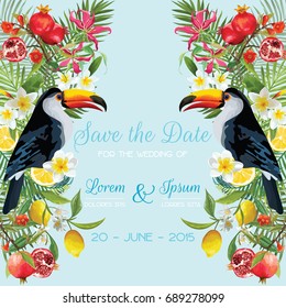 Guarda la tarjeta de matrimonio con flores tropicales, frutas, pájaros turcos. Fondo floral en vector