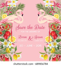 Guarde la tarjeta de matrimonio con flores tropicales, frutas, pájaro flamenco. Fondo floral en vector