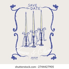 Save The Date Wedding Card Vector – Hand Drawn Bridal Couple and Candle Illustration, Romantic Vintage Frame