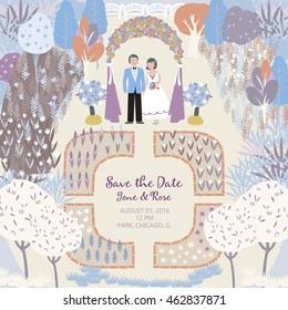 Save the date. Wedding card with a vintage illustration of a couple in the garden and arch. Vector floral background with a place for your text. Template easily editable.