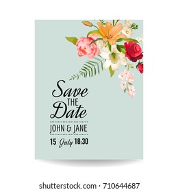 Guarde la tarjeta de matrimonio con flores de lirio acuarela por invitación, fiesta de ducha infantil en el vector