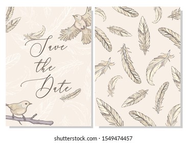 Save the date. Wedding cards with birds and feathers