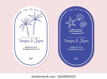 Save the Date Wedding cards. Hand draw summer invitations. Drawing style, Italian la dolce vita