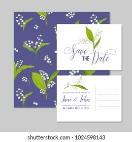 Save the Date Wedding Cards Set with Blossom Lily Flowers. Birthday Invitation, Anniversary Party, RSVP Floral Template. Vector illustration