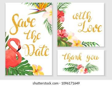 Save the date. Wedding cards with tropical plants and flamingos. Gold lettering