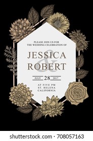 Save the date, wedding celebration invitation card template with romantic flowers. Vector illustration.