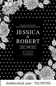 Save the date, wedding celebration invitation card template with romantic flowers. Vector illustration. Black and white