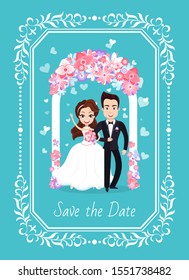 Save date, wedding ceremony of couple, portrait view of married man in woman, smiling bride and groom, invintation blue postcard, romantic day vector