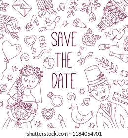 Save the date wedding doodle line banner vector template cute icons bride and groom