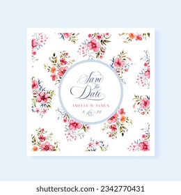 Save the Date wedding floral square card design with vintage watercolor flowers.