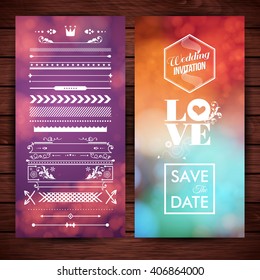 Save the date and wedding icons in various styles for marriage or valentine with assorted extra borders over purple gradient and wooden surface