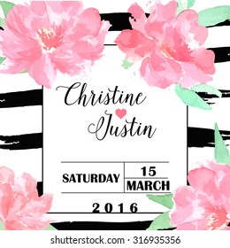Save the date and wedding invitation black brush stroke and watercolor pink tender peony